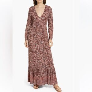 NWT Faherty Toluca Tiered Long Sleeve Maxi Dress in Merlot Bordeaux Floral L